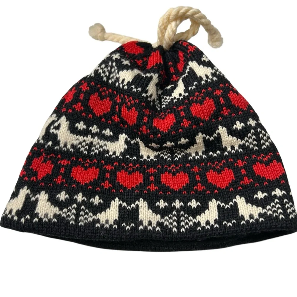 Vintage Fair Isle Wool Beanie Nordic Scandi Ski Hat Red Black Heart Pattern OS